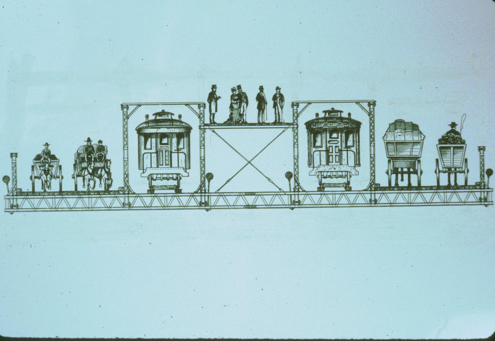 Unidentified cross-section of a suspension bridge, most likely the Brooklyn…