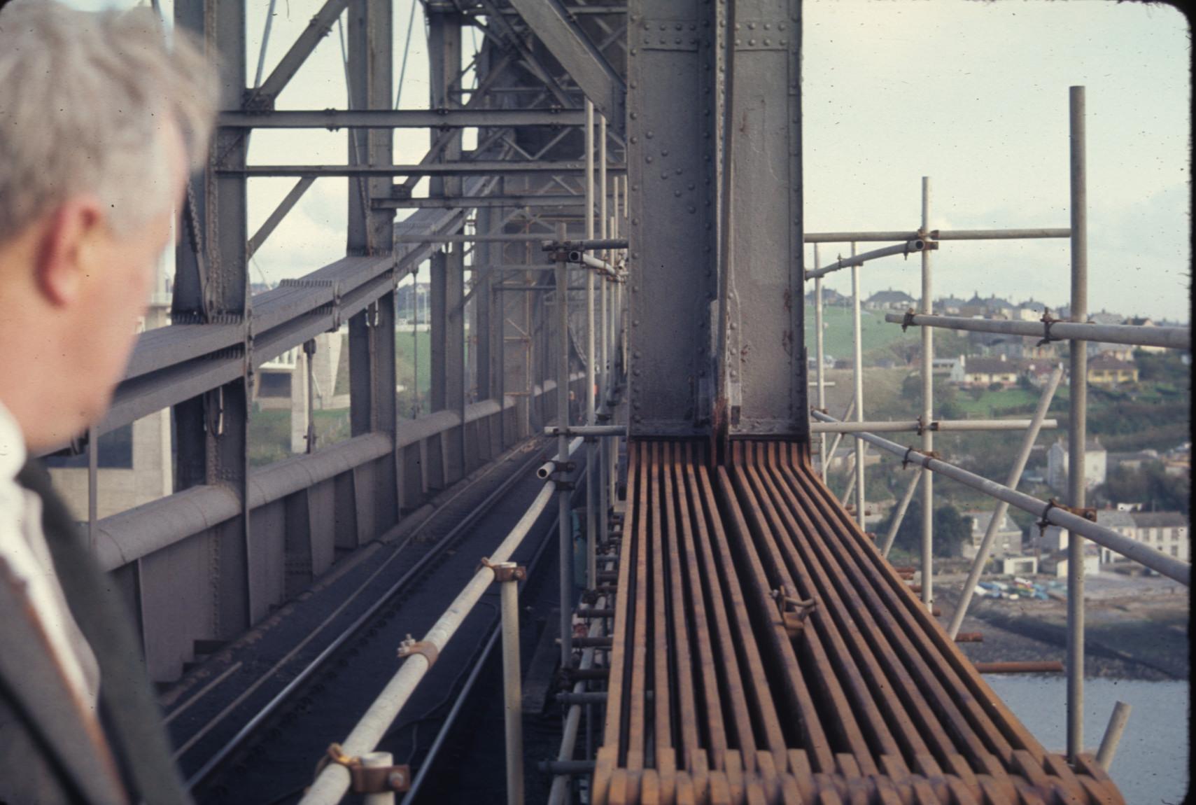 Slide reads \"CE Skinner & sandblasted chains\"View from west…