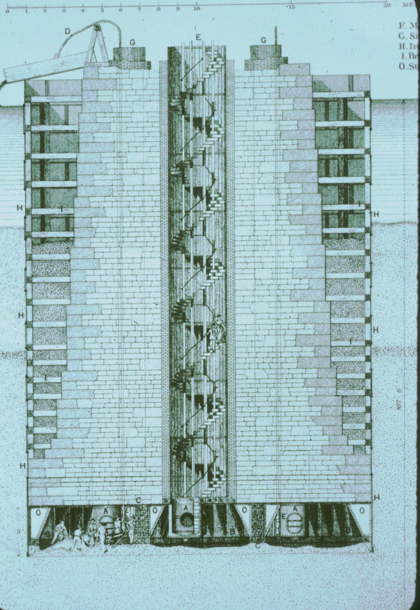 Historic cross-section of the foundation and caisson of a tower of the Brooklyn…