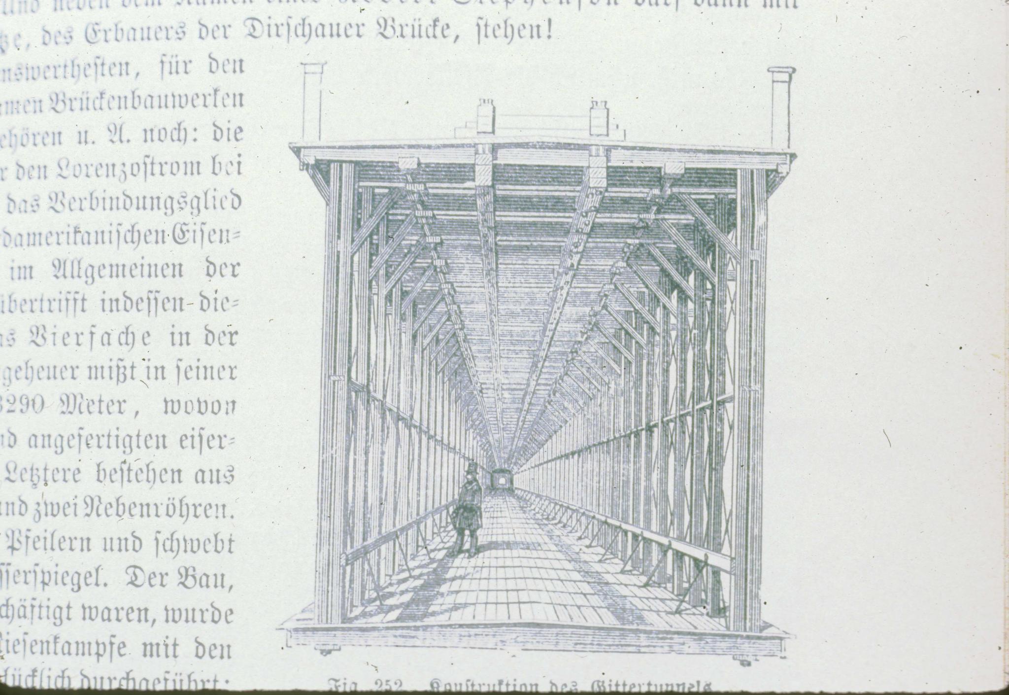 Historic cross-section of a wooden box-like bridge with railroad tracks on the…