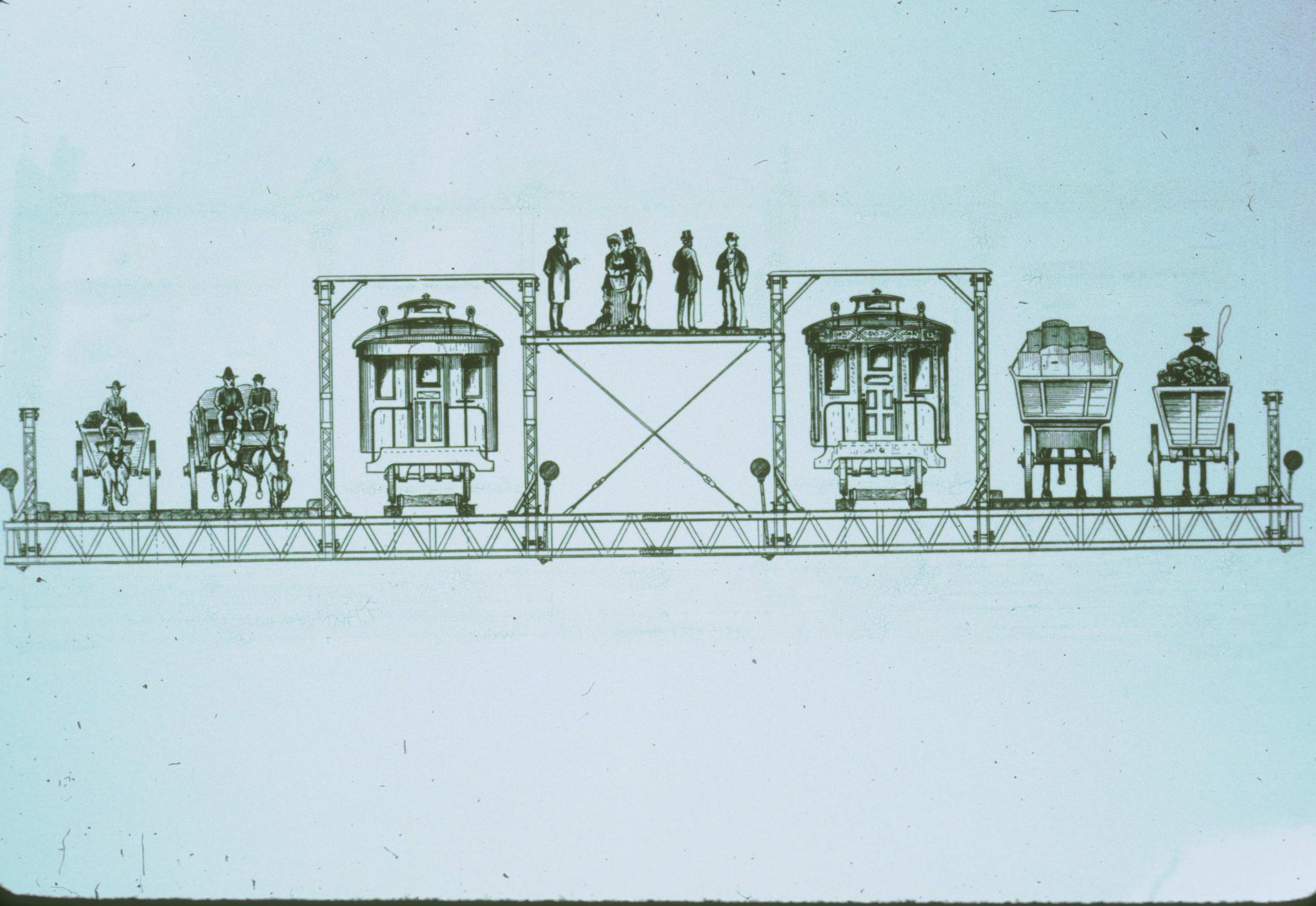 Historic cross-section of the Brooklyn Bridge deck showing the railroad decks,…