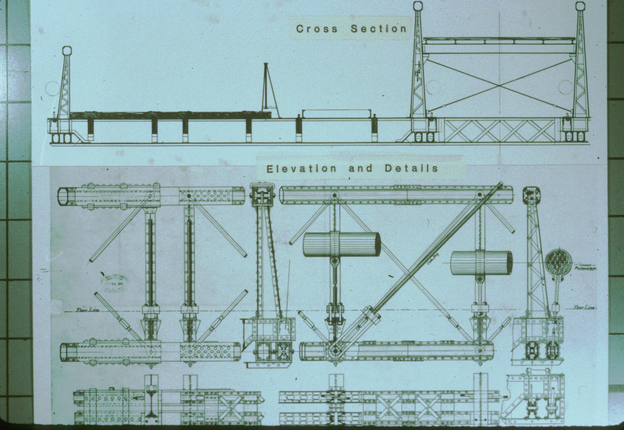 Unidentified historic drawing of the cross-section and plan of a suspension…