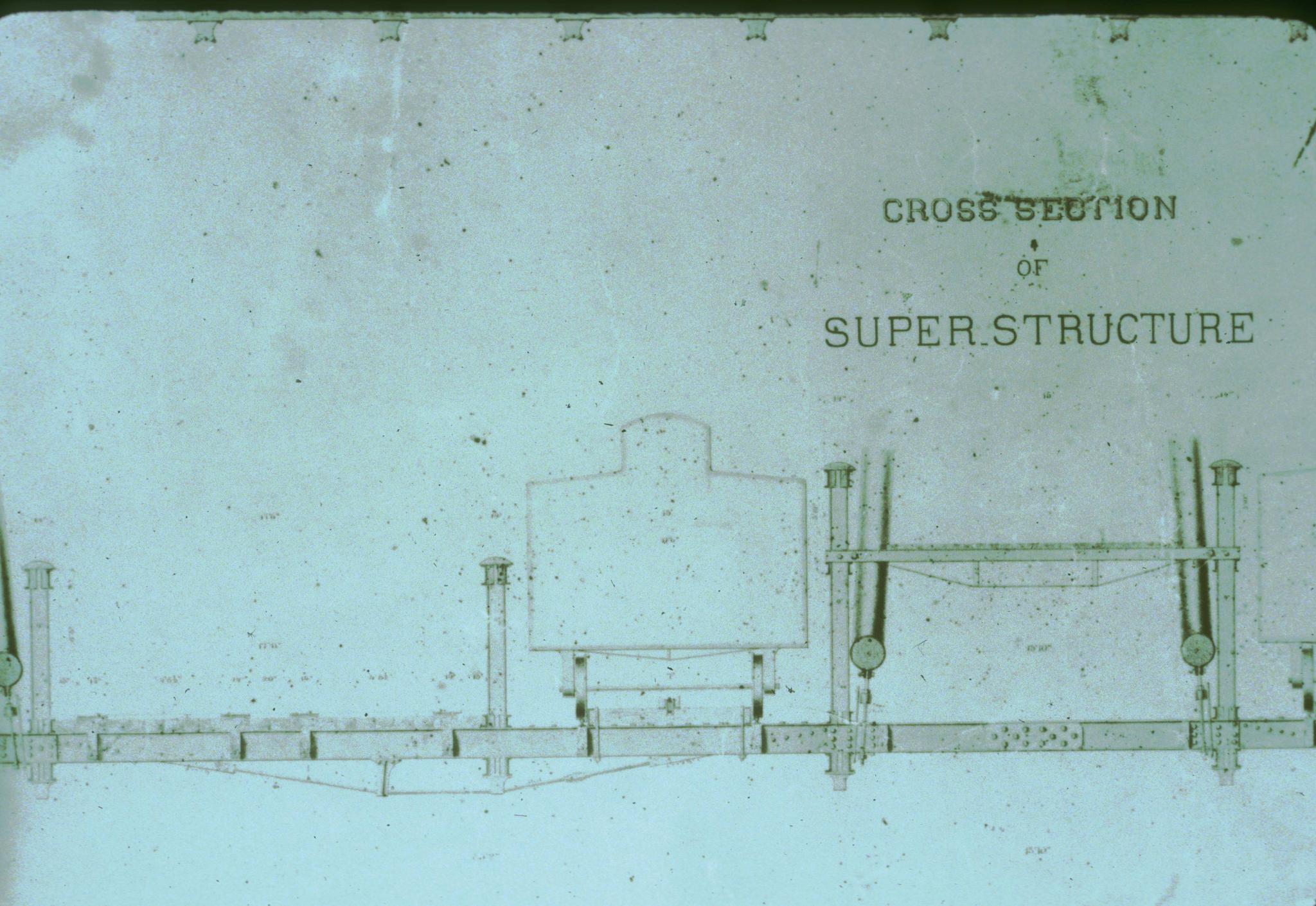 Unidentified historic cross-section of the deck of a bridge.  The image is…