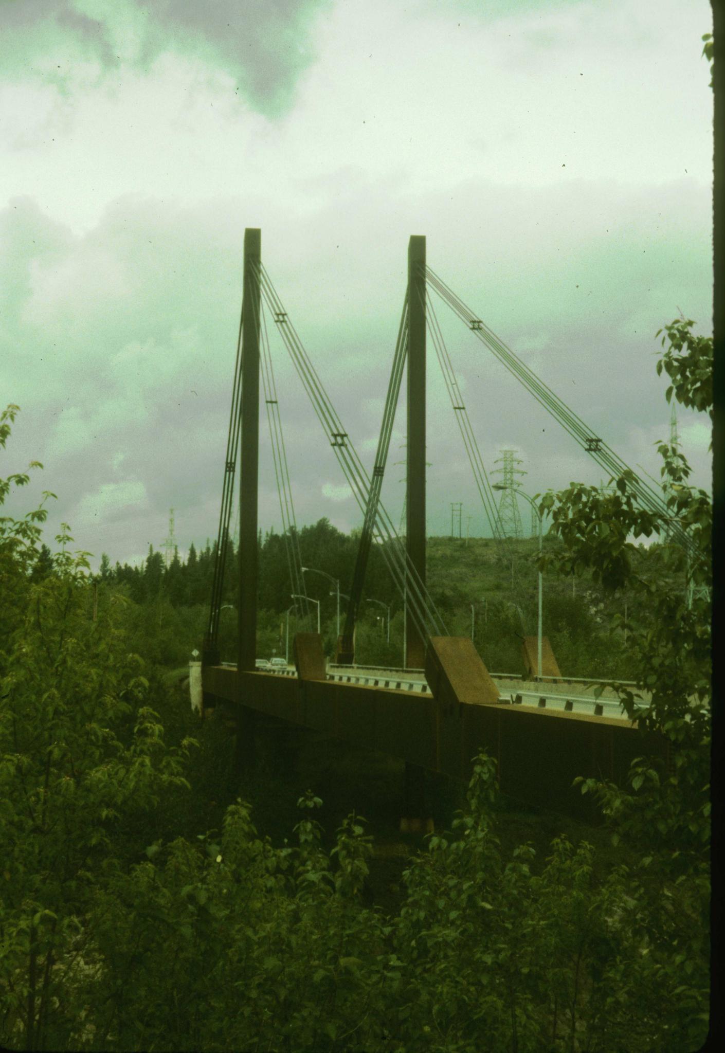 Photograph of an unidentified cable-stay bridge in Quebec.  Photo emphasizes…