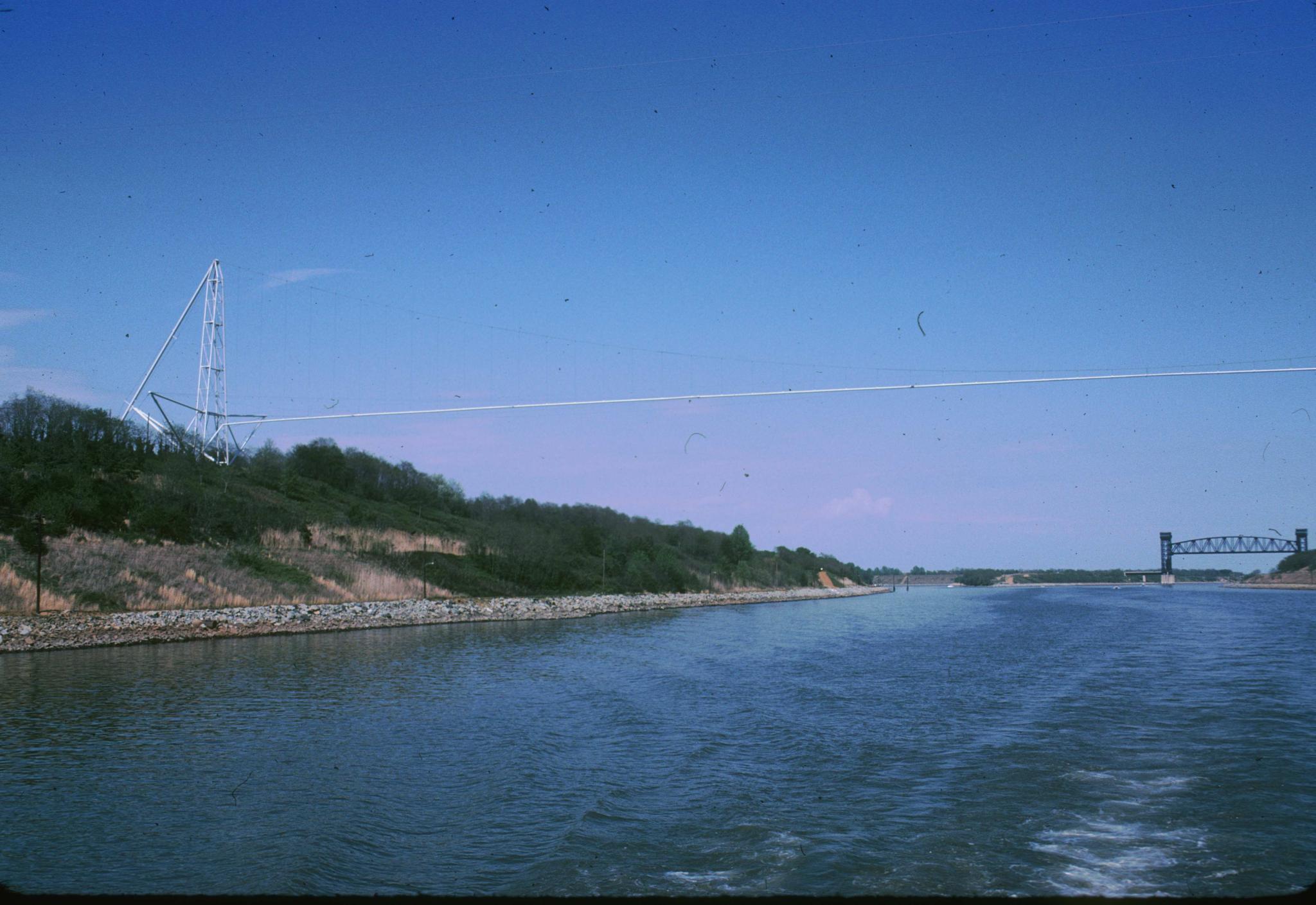 Photograph of an unidentified pipeline suspensino bridge and the Pennsylvania…