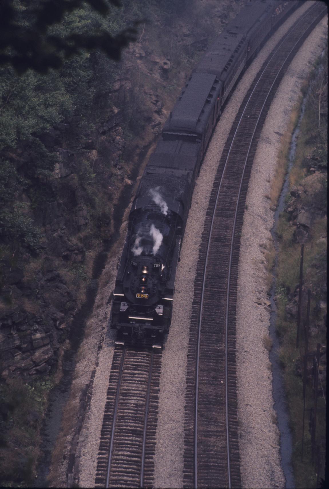 Engine 759 with excursion train at Nicholson Pennsylvania tunnel Elevated view