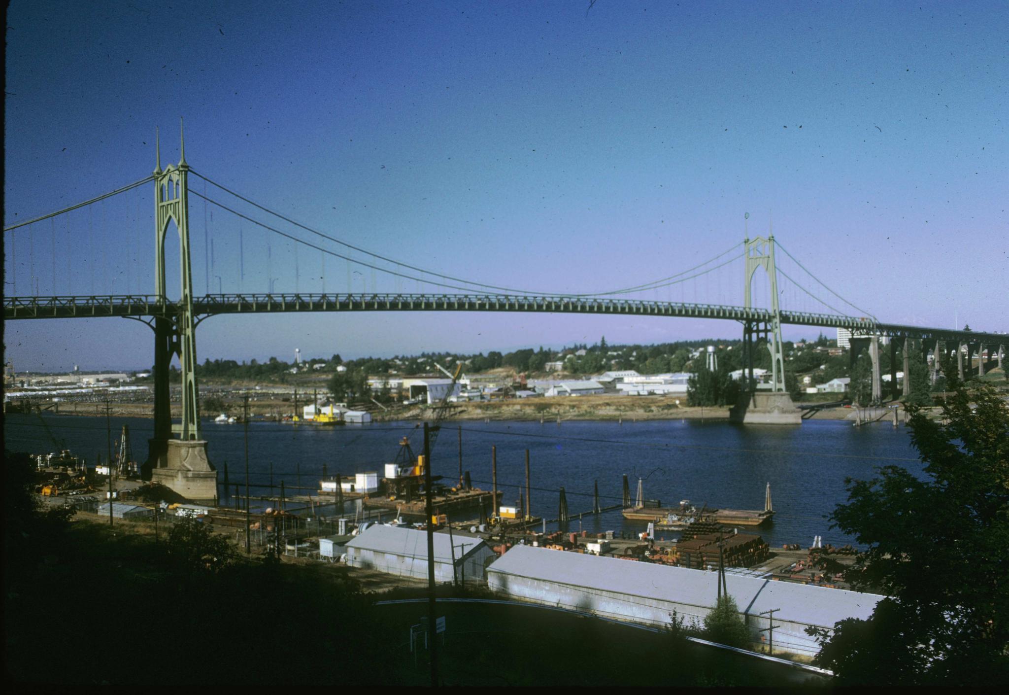 Three-quarter view of the St. John's Bridge in Portland, OR.  Photograph…