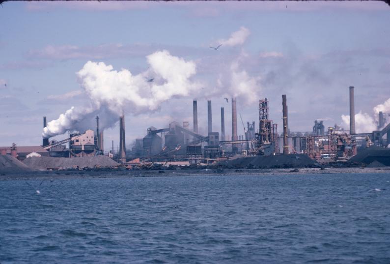 View of Bethlehem Steel works at Sparrow Point, Maryland from the harbor.…