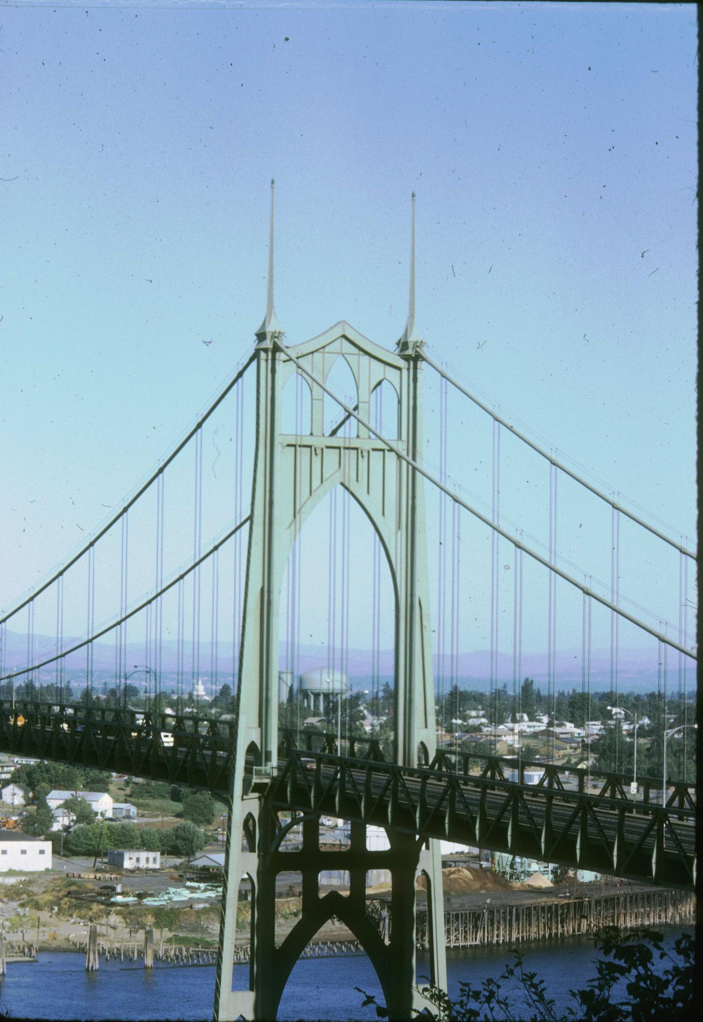 Photograph of one of the Gothic support towers of the St. John's Bridge.