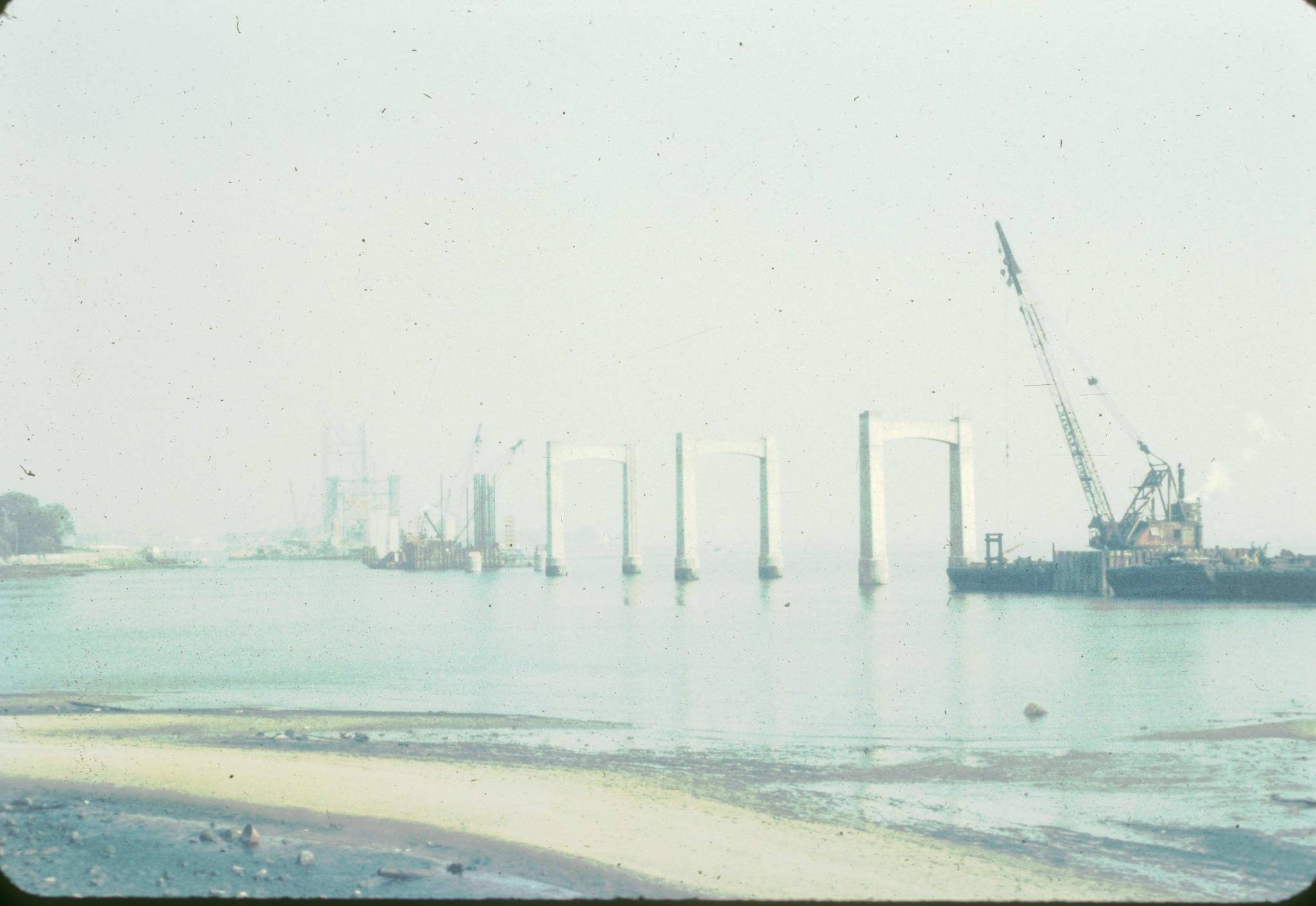 Photograph of construction on piers of the Throg's Neck Bridge taken from…