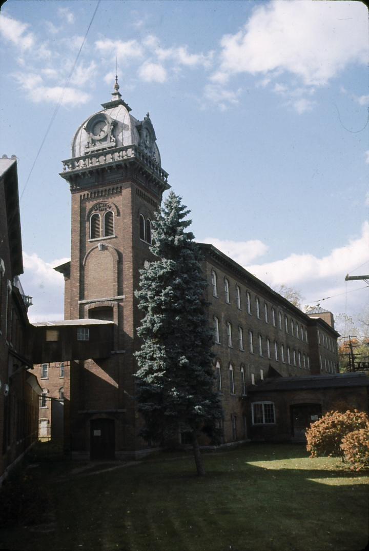 View of West's paper mill courtyard and elevated walkway.  Balston Spa, NY.