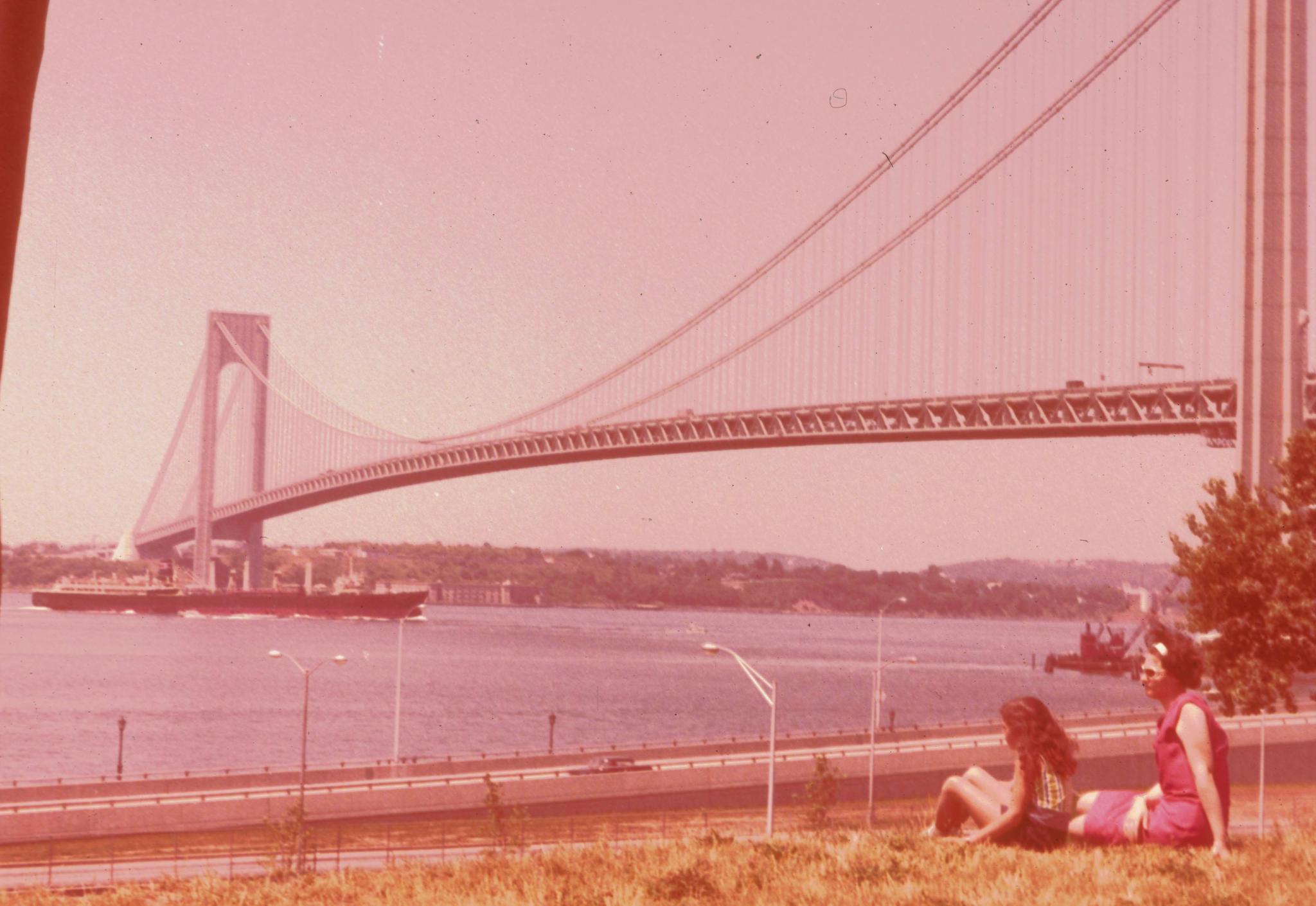 Three-quarter view of the Verrazano Narrows Bridge.  Photograph is a…