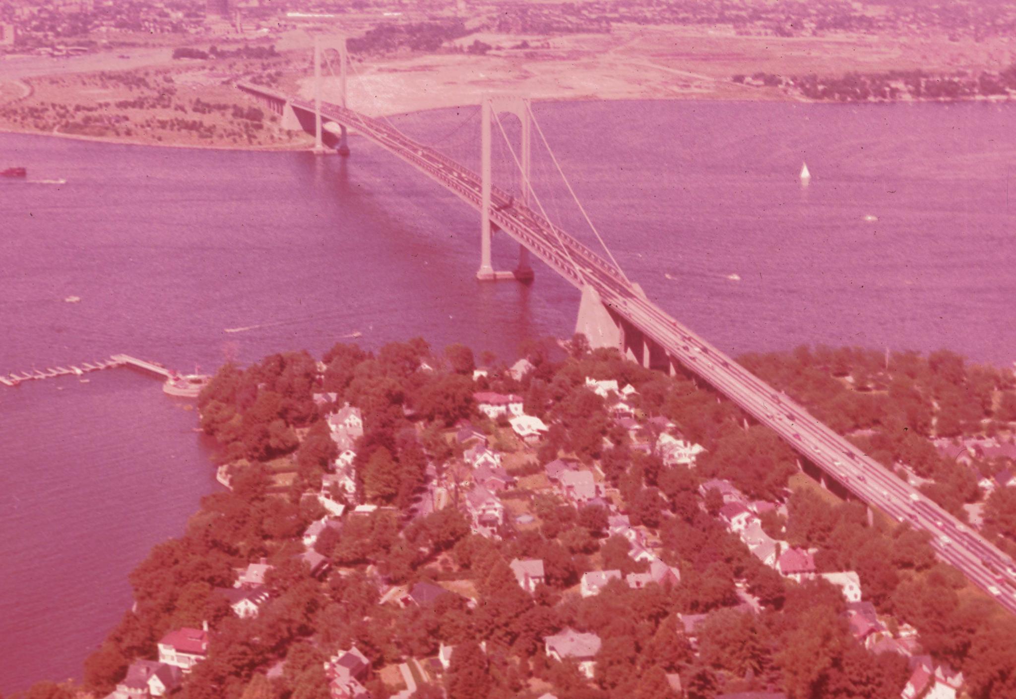 Aerial photograph of the Whitestone Bridge.  The photograph is taken from the…