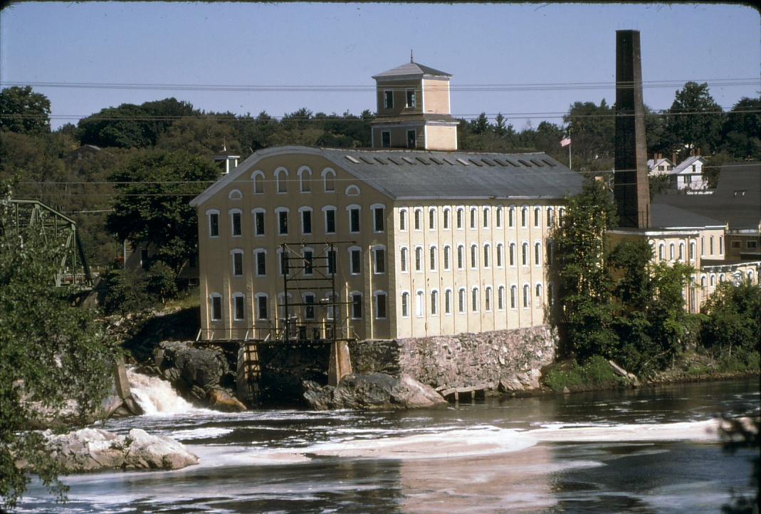 View of paper mill and stack on Androscoggin River in Topsham, ME.