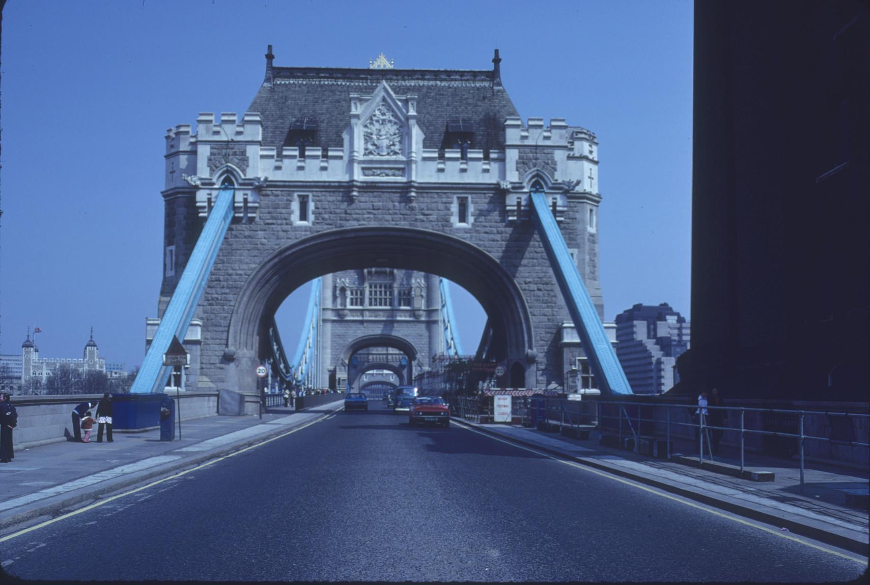 Looking north through the suspension bridge approach to Tower Bridge.