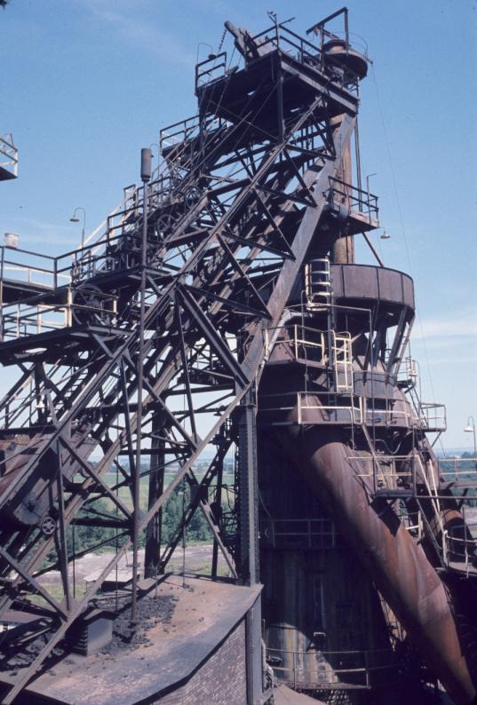 Photograph of loading platform of blast furnace.  E.J. Lavino blast furnace at…