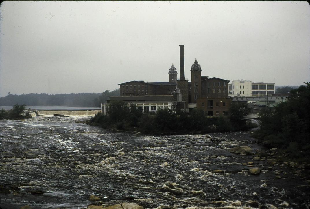 Closer view of Worumbo Wool Mill and dam taken from below Lisbon Falls.  Also…