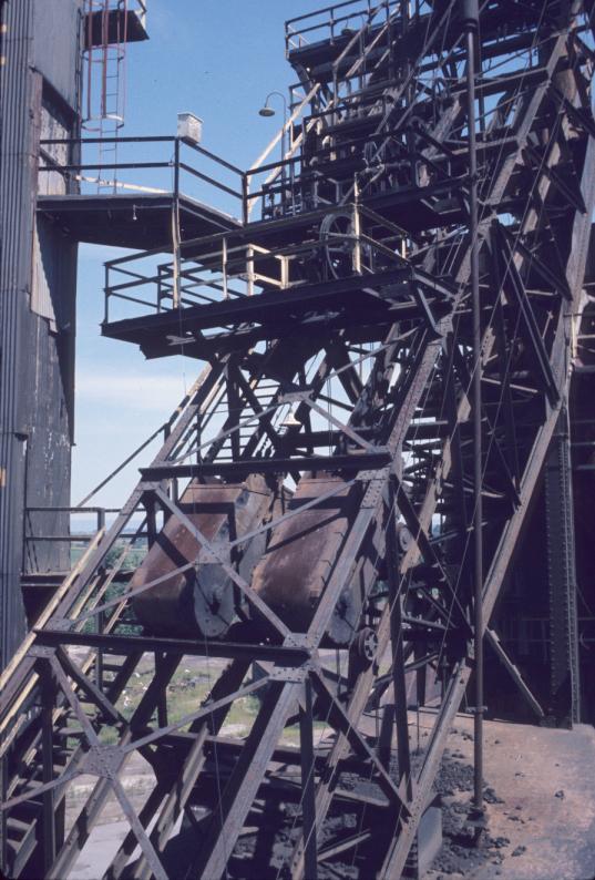 Photograph of skips for blast furnace charging platform.  E.J. Lavino blast…