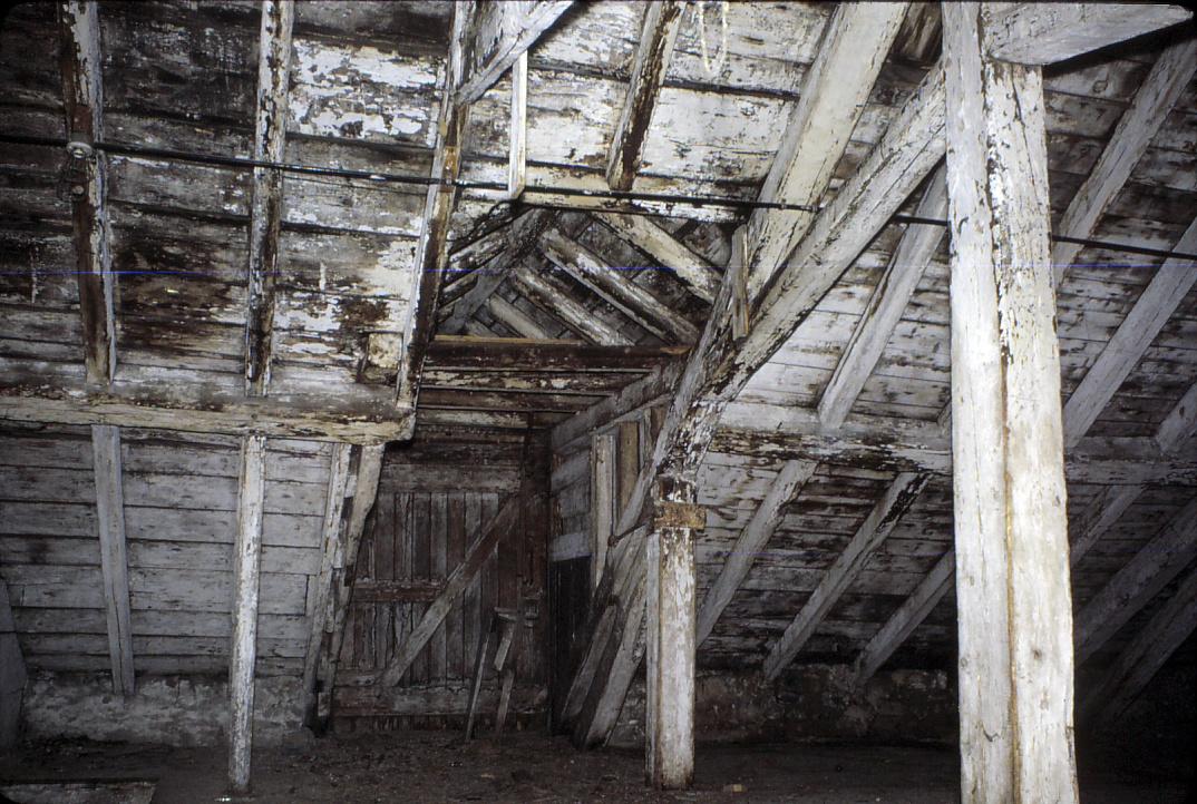 Interior view of Stark Paper Mill's attic and roof framing.  Taken before…