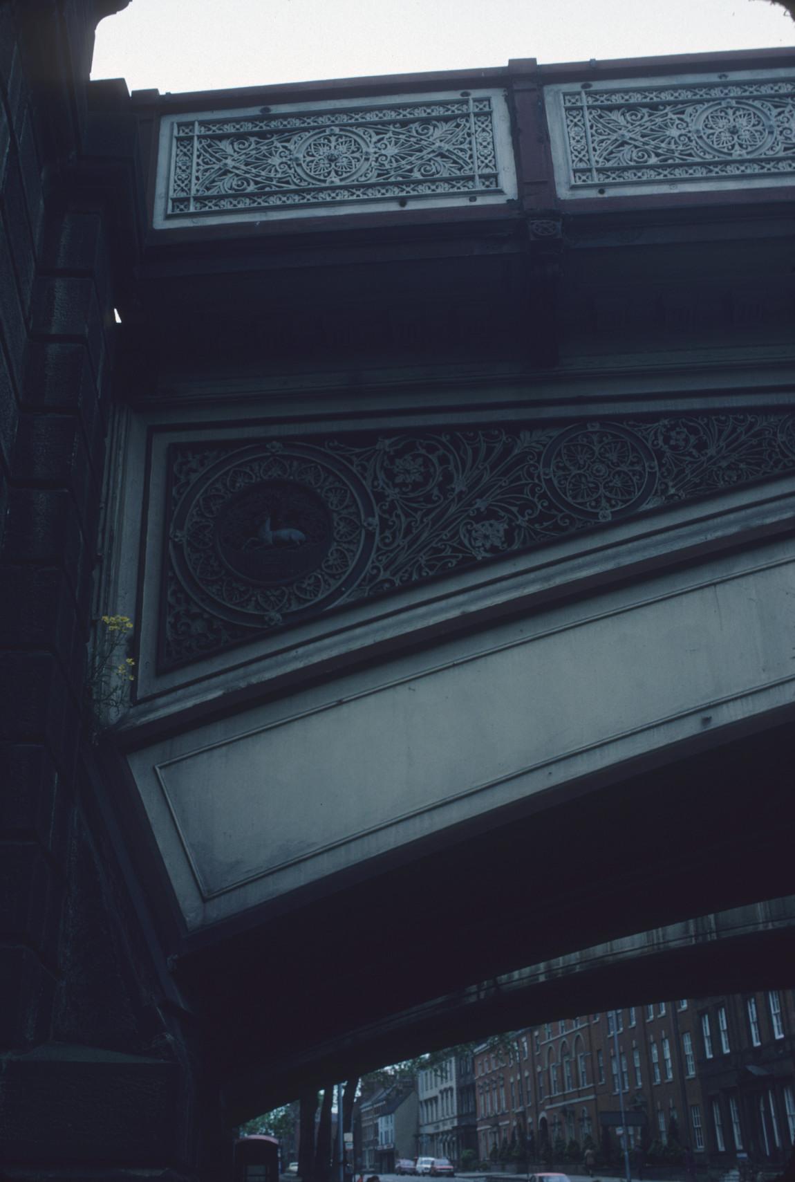 Detail of scrollwork and other decoration on the Friargate Bridge in Derby.