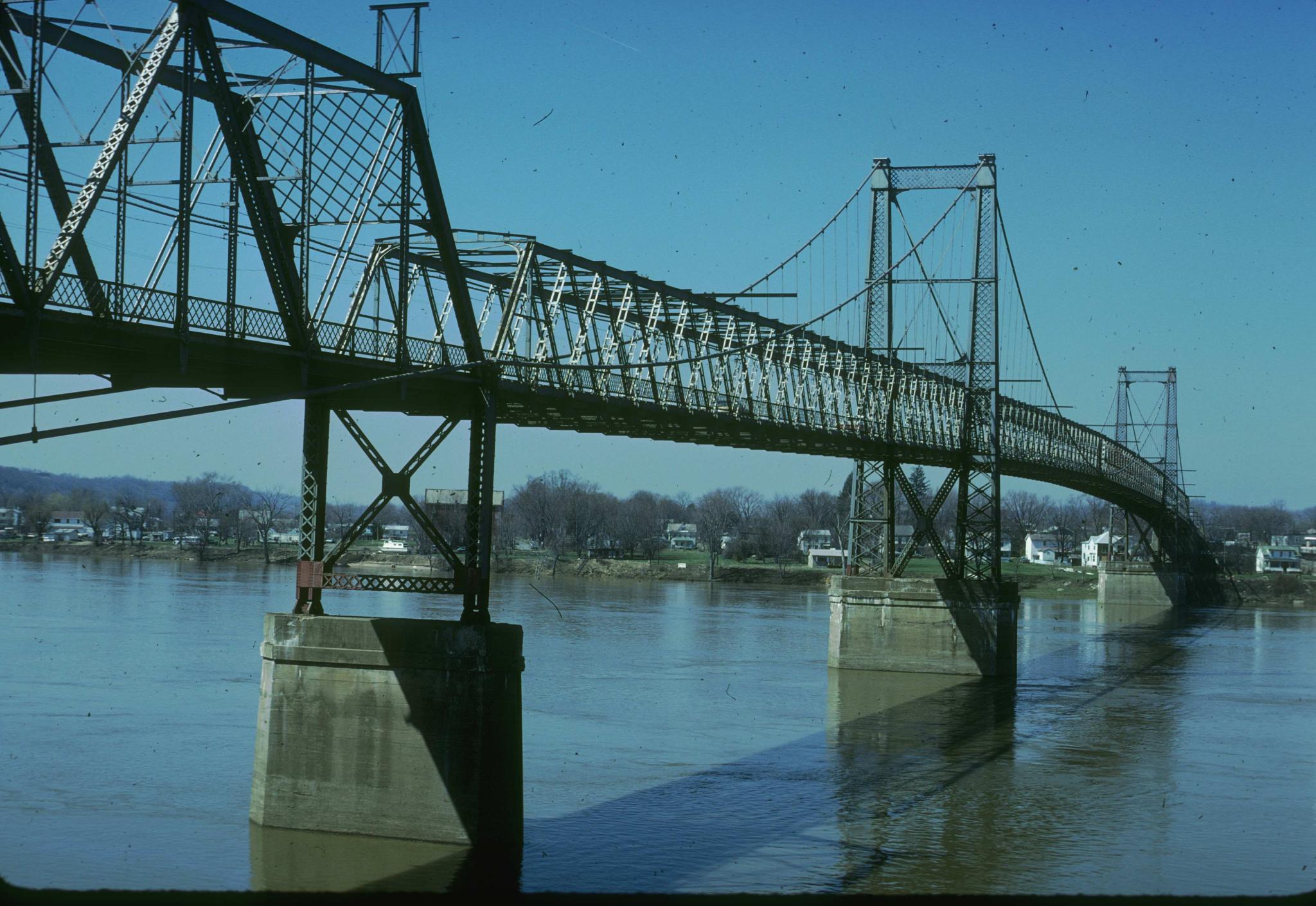 Photograph of the Parkersburg Suspension Bridge.