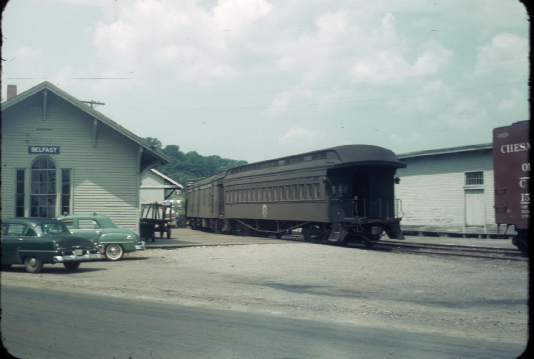 Vestibule passenger car and mail/express car at Belfast Maine (B&ML car)