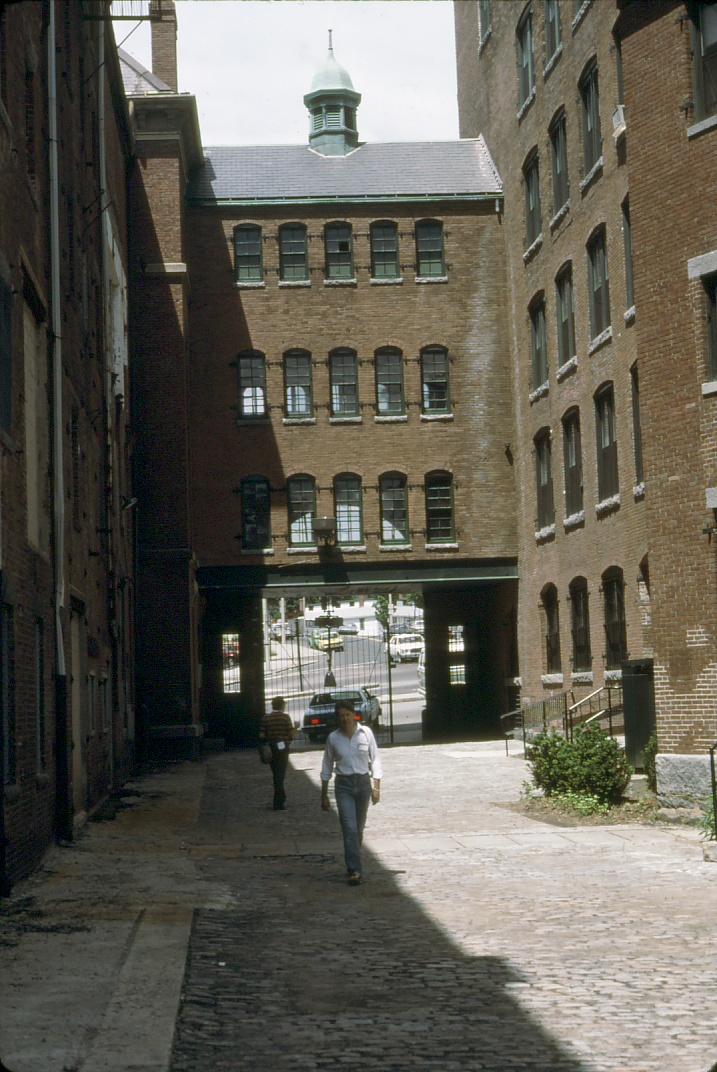 View of the Gateway entrance into the Baker's Chocolate mill complex.  