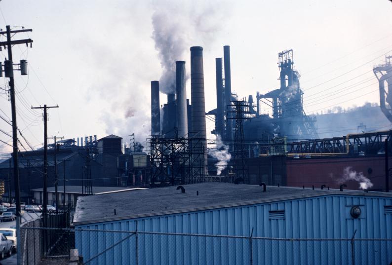 Photograph of blast furnaces at Weirton Steel plant in West Virginia.