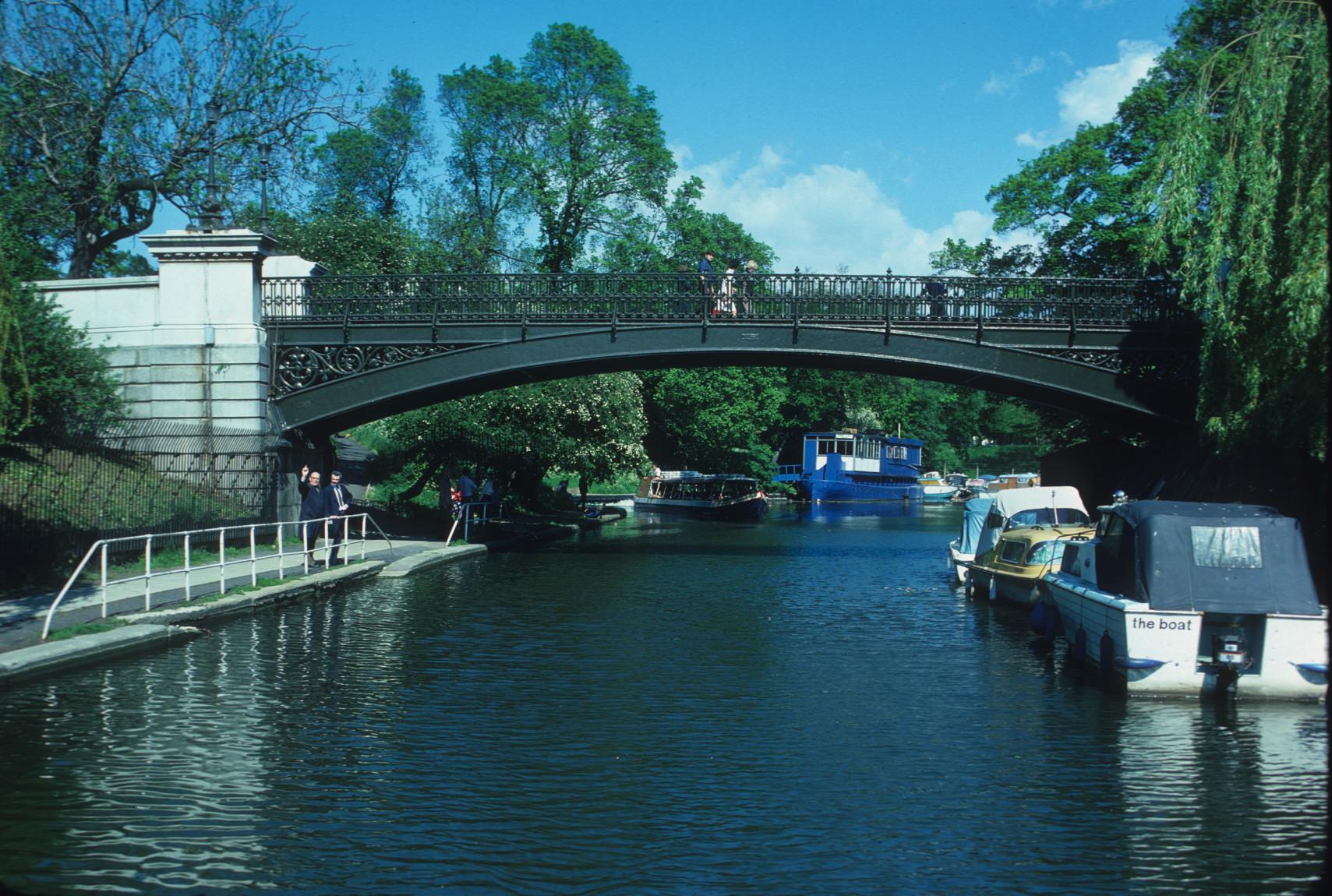 General view of a cast iron bridge over the Regent\'s Canal, London.