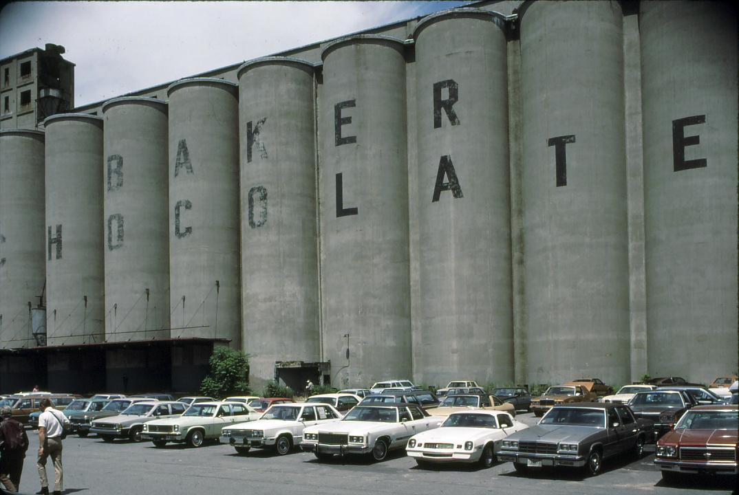 View of the Baker's Chocolate cocoa bean silos in Dorchester, MA.  Built…