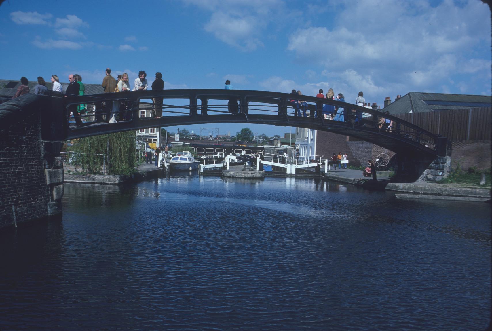 Small arched cast iron bridge over the Regent\'s Canal, Camdentown, London…