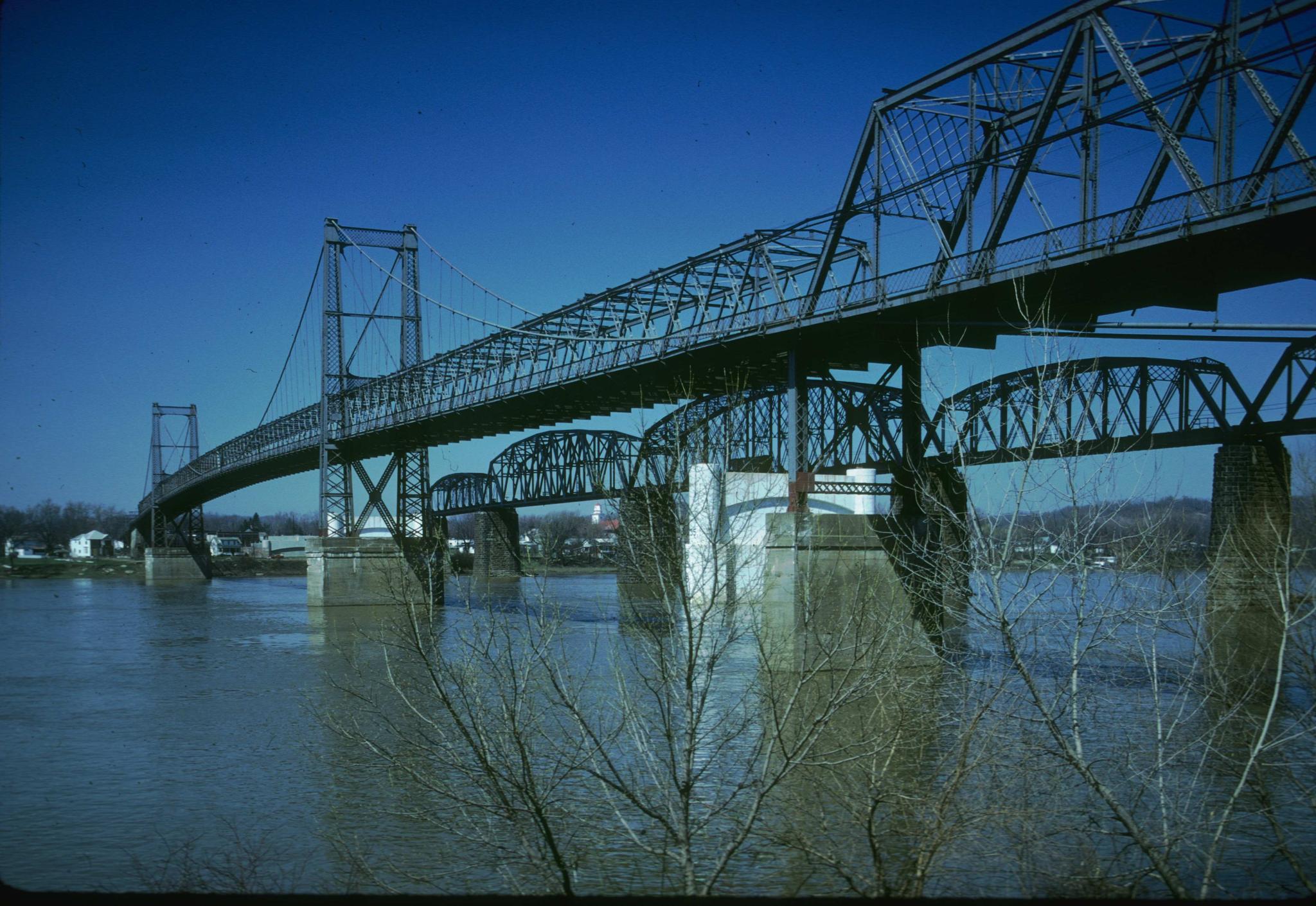 Photograph of Parkersburg Suspension Bridge with the Baltimore and Ohio…