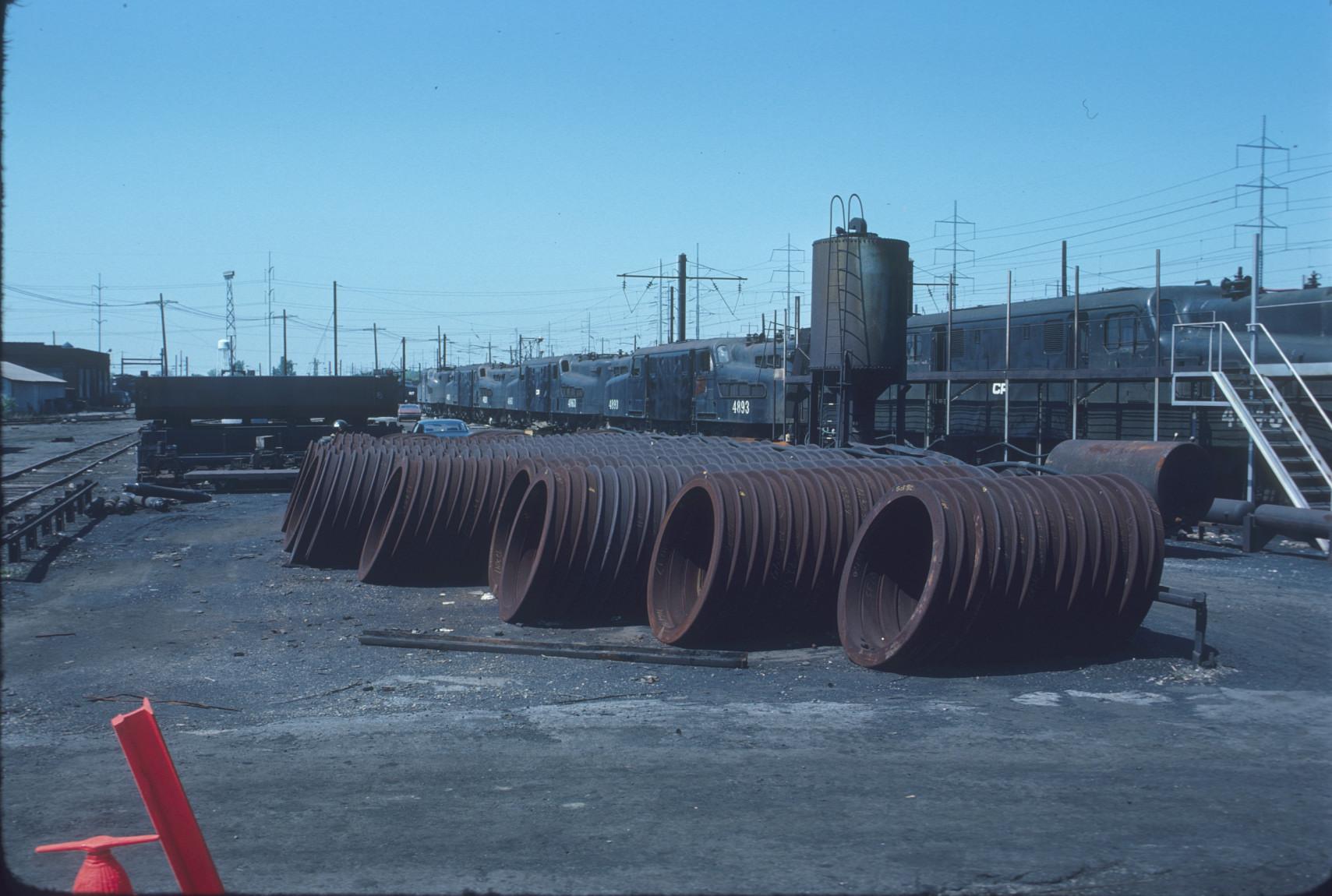 GG-1 locomotives in backgroundSupply storage at AMTRAK shops Wilmington…