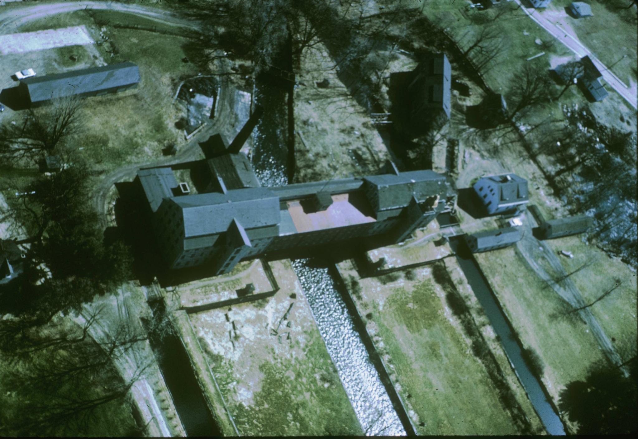 Aerial photograph of the mills and canals looking southwest.  