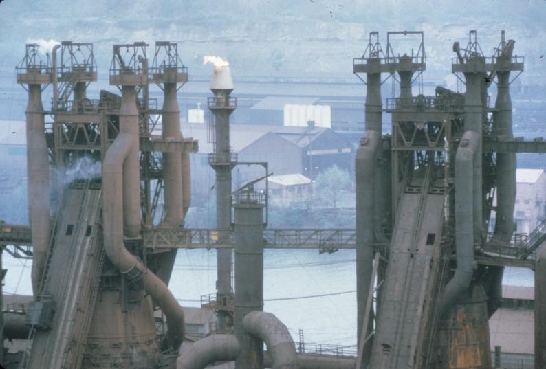 Photograph of blast furnaces from the J&L plant in Pittsburgh, Pennsylvania…