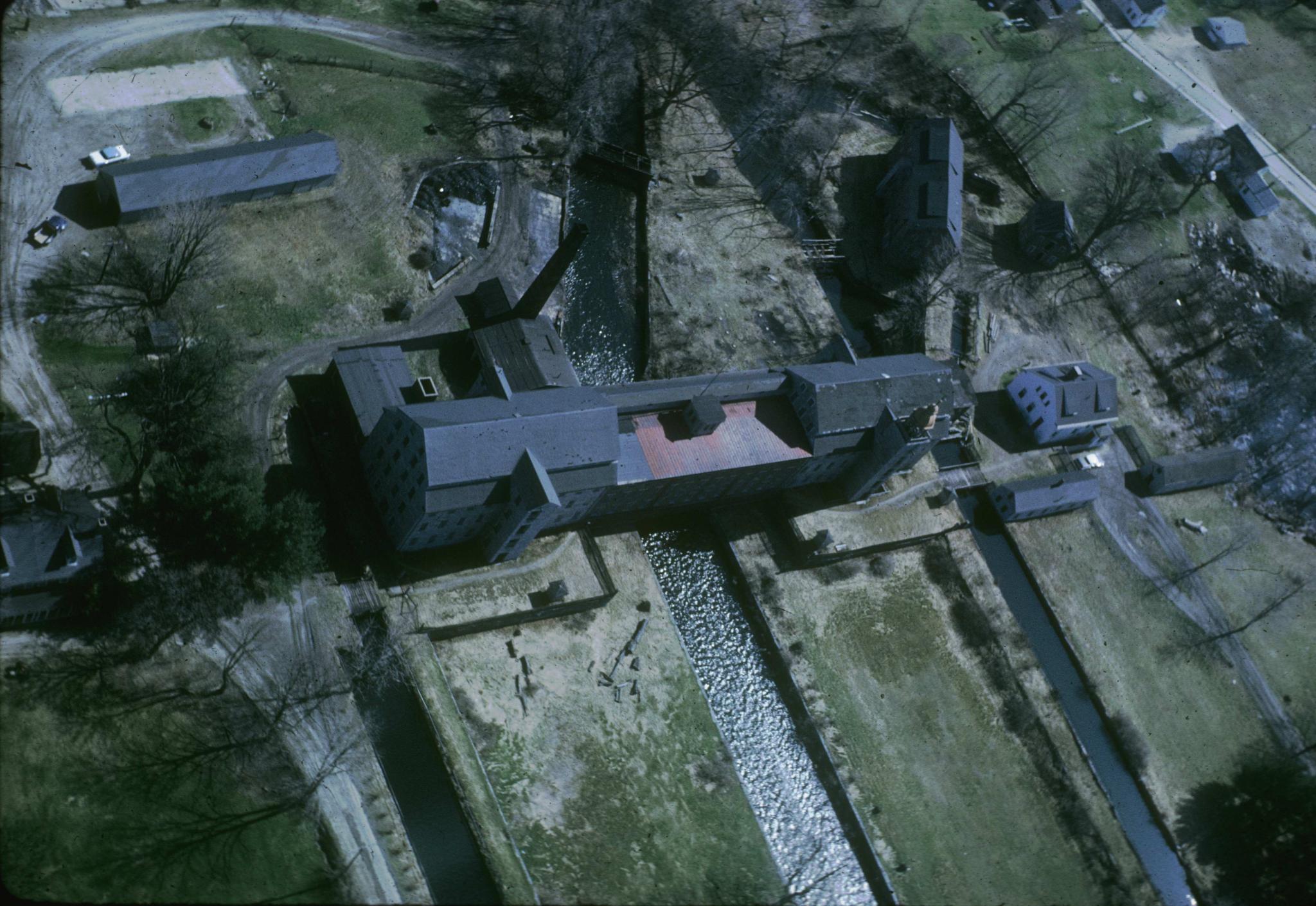 Aerial photograph of the mills and canals looking southwest.