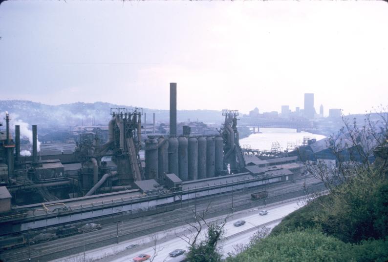 Overview of blast furnaces at J&L plant in Pittsburgh, Pennsylvania.