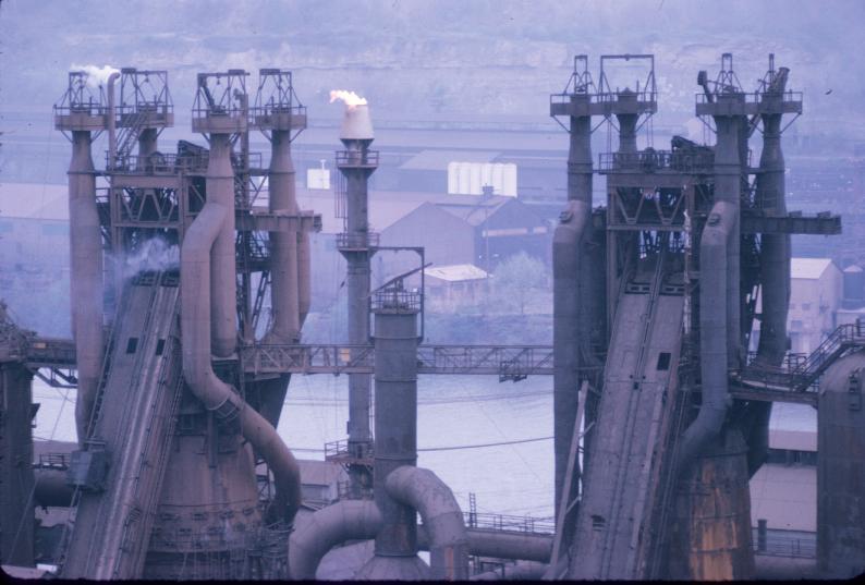 Close-up of blast furnaces at J&L plant in Pittsburgh, Pennsylvania.