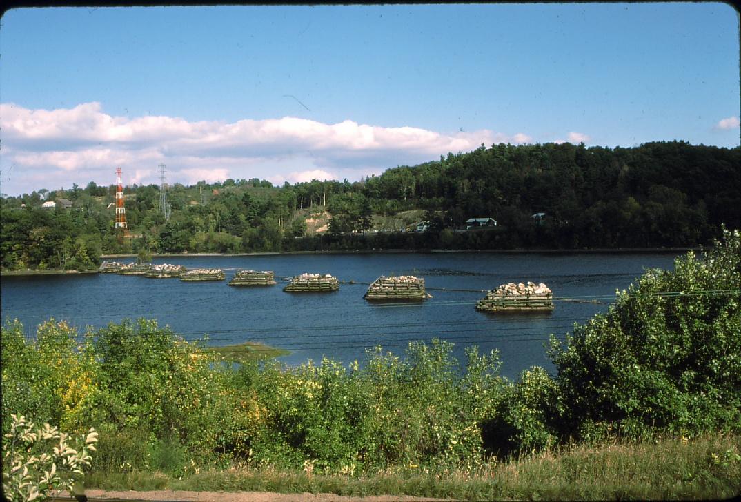 View of log boom piers in the Kennebec River South of Hallowell, ME.