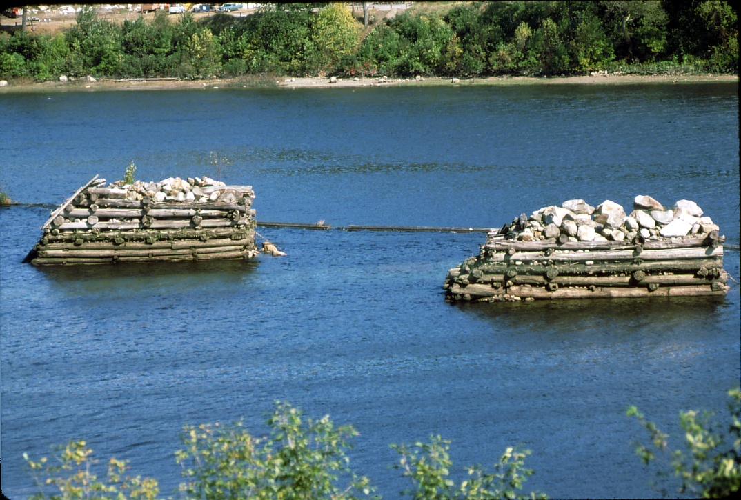 View of log boom piers in the Kennebec River South of Hallowell, ME.