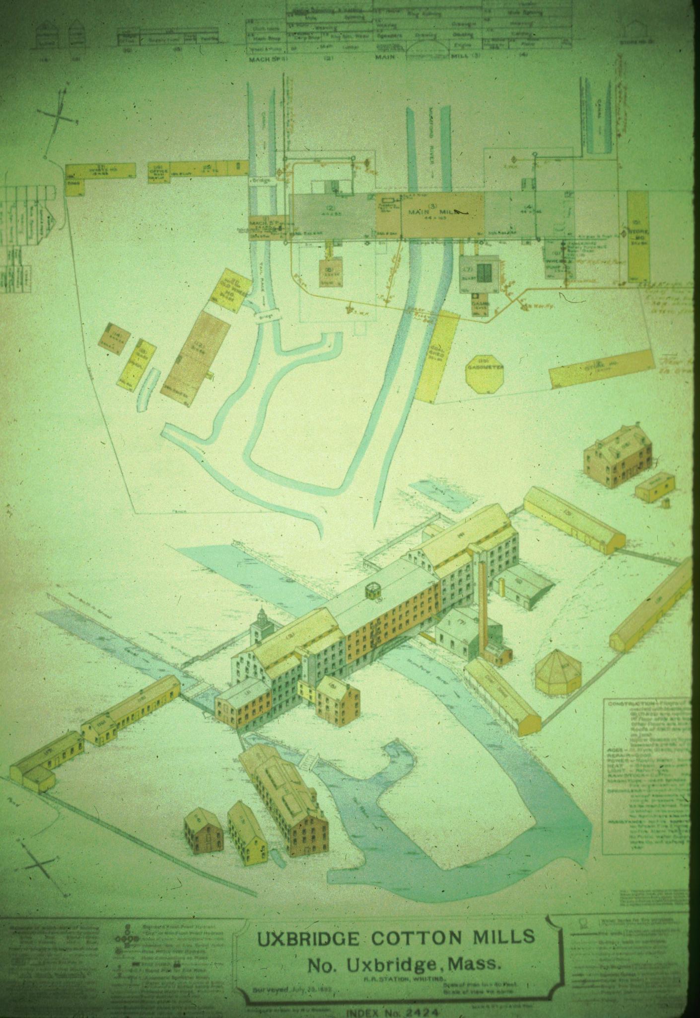 Plan and isometric view of the mills labeled "Uxbridge Cotton Mills"