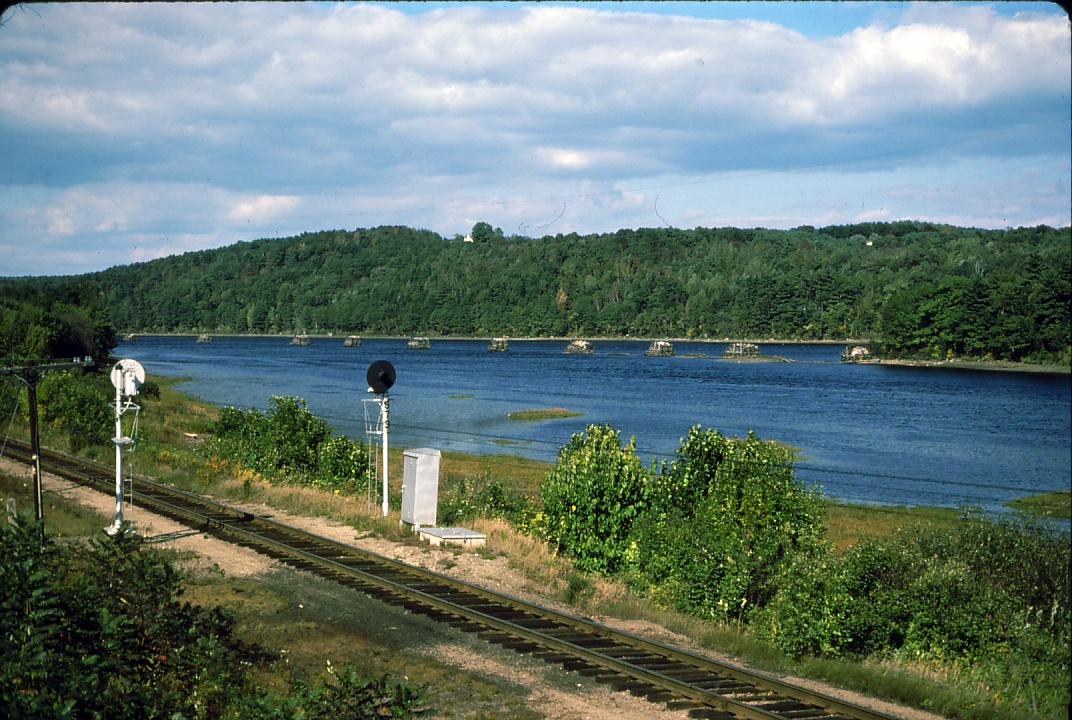 View of log boom piers in the Kennebec River South of Hallowell, ME.