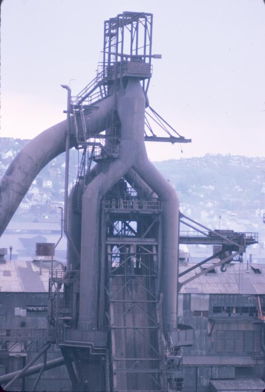 Photograph of blast furnaces at the J&L plant in Pittsburgh, Pennsylvania.