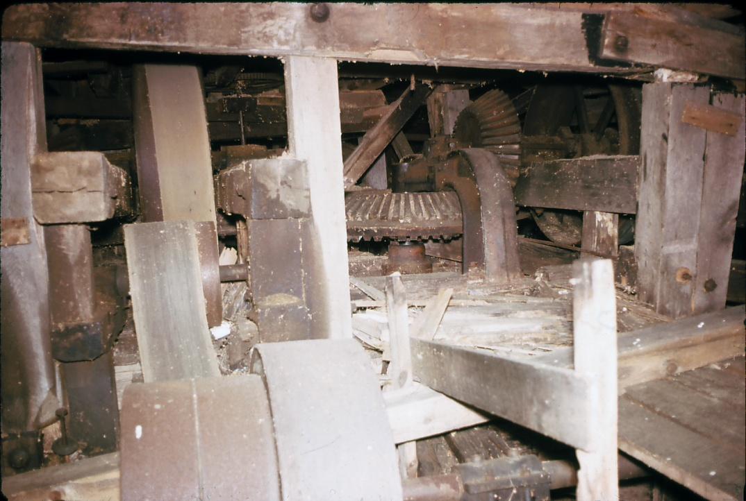 View of the turbine gears running the saws at the A.C. Emerson Saw mill in…