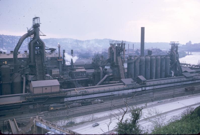 Photograph of blast furnaces of J&L plant in Pittsburgh, Pennsylvania.…