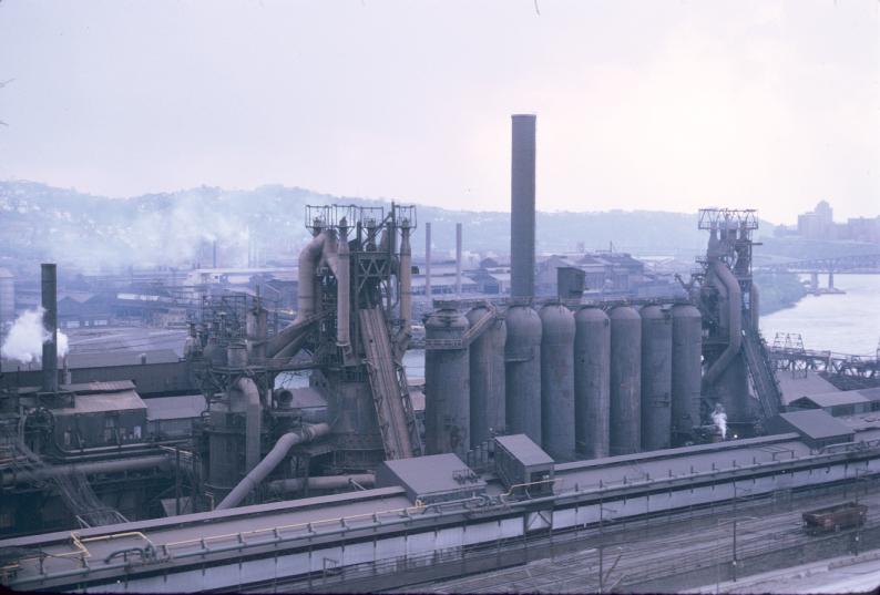 Photograph of blast furnaces at J&L plant in Pittsburgh, Pennsylvania.…