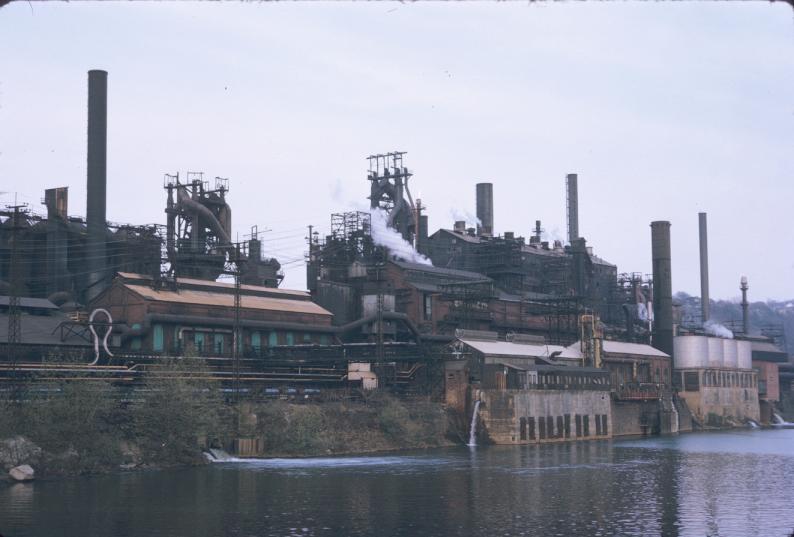 Photograph of blast furnaces at J&L plant in Pittsburgh, Pennsylvania.…