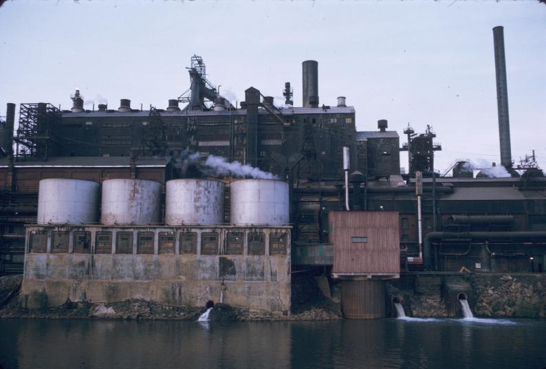 Photograph of blast furnaces at J&L plant in Pittsburgh, Pennsylvania.…