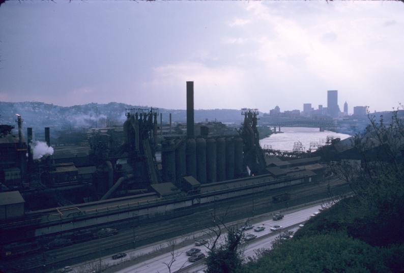 Photograph of blast furnaces at J&L plant in Pittsburgh, Pennsylvania.…