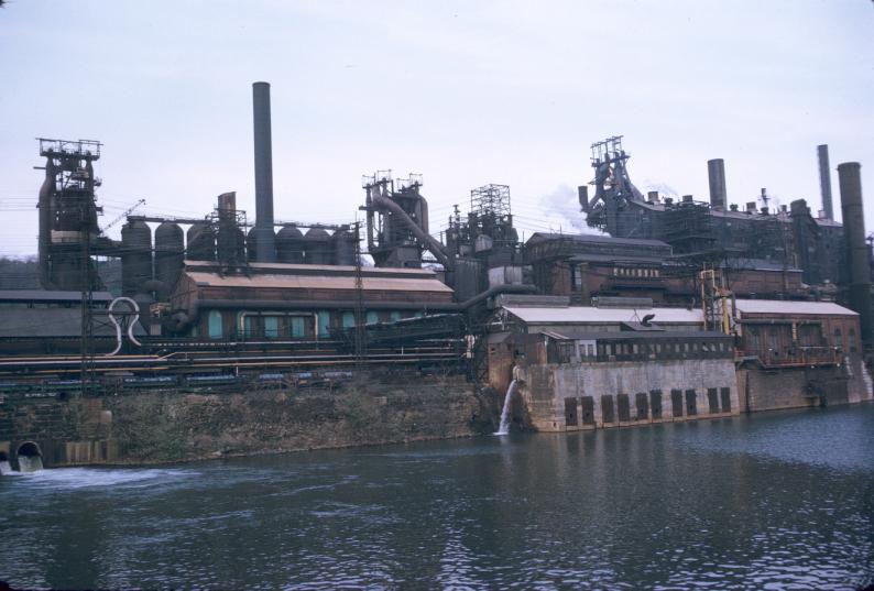 Photograph of blast furnaces at J&L plant in Pittsburgh, Pennsylvania.…